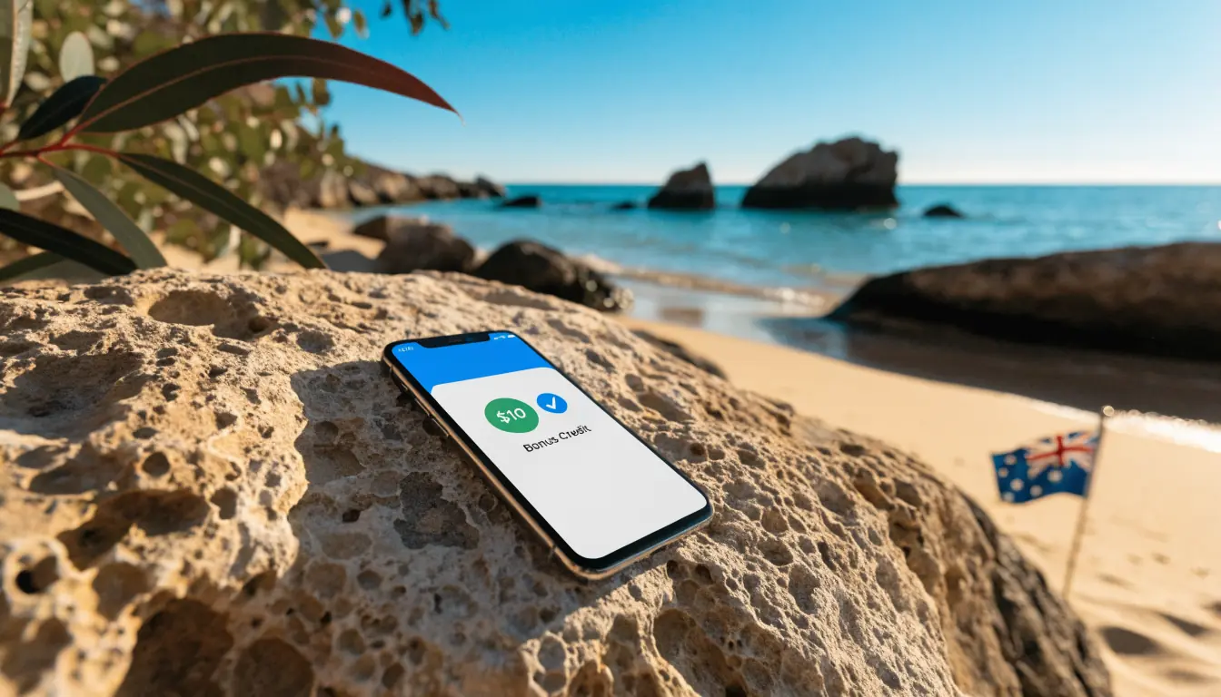 Smartphone on Australian beach displaying $10 PayID bonus
