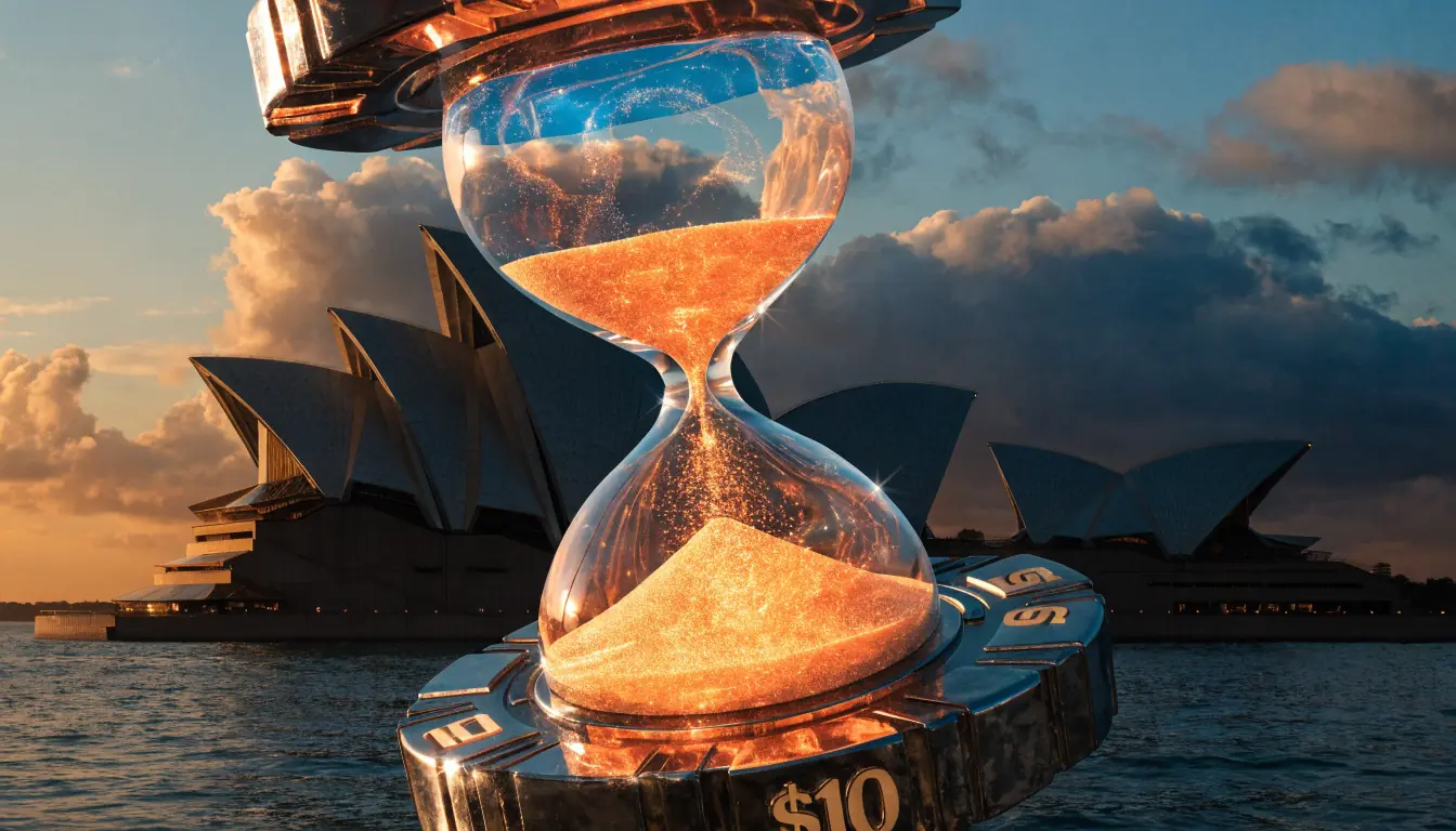 Hourglass and casino chip over Sydney Opera House