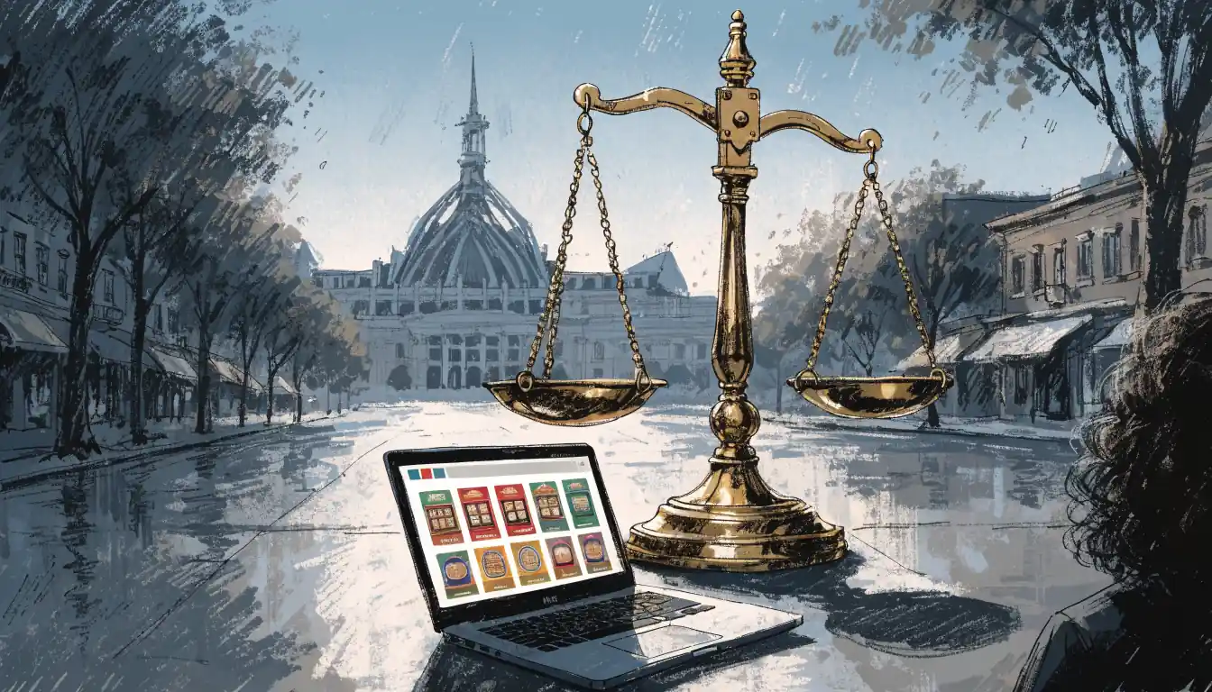 Parliament building with legal scales and laptop showing casino icons