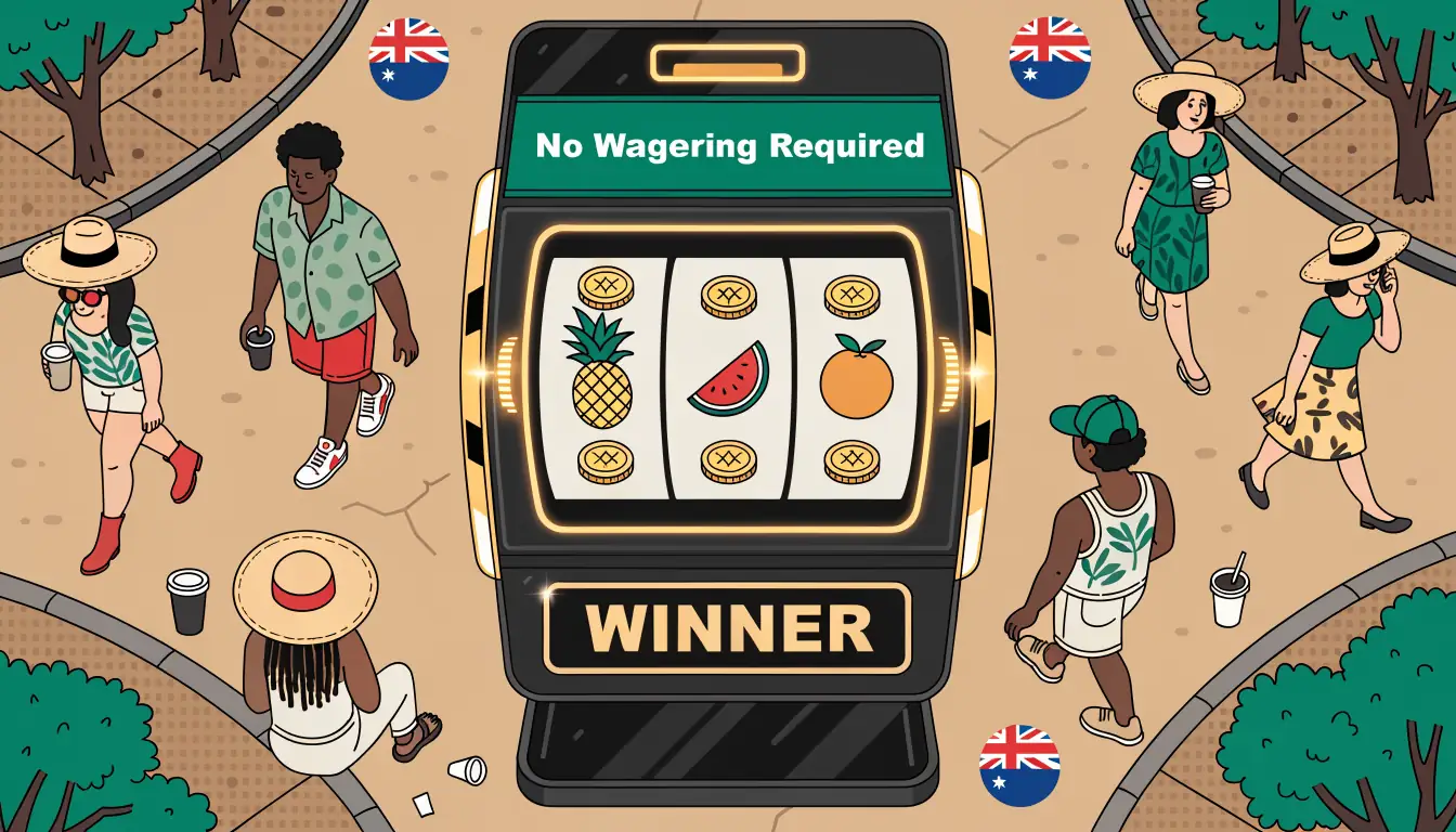 Slot machine illustration with ‘No Wagering Required’ banner