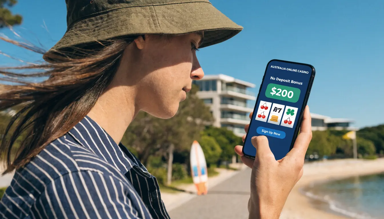 Smartphone displaying $200 no-deposit casino bonus with Aussie symbols