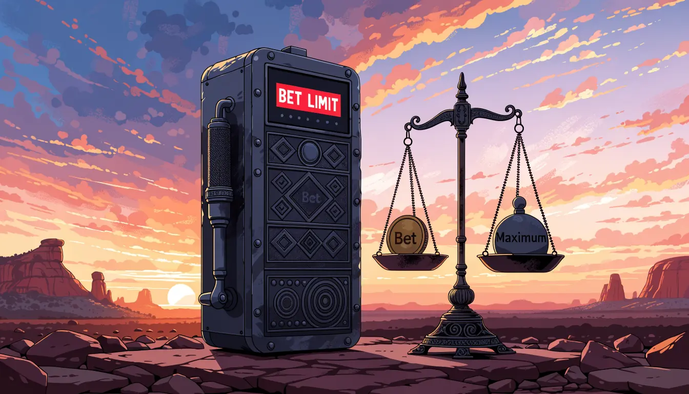 Slot machine with red BET LIMIT sign and weighing scales.