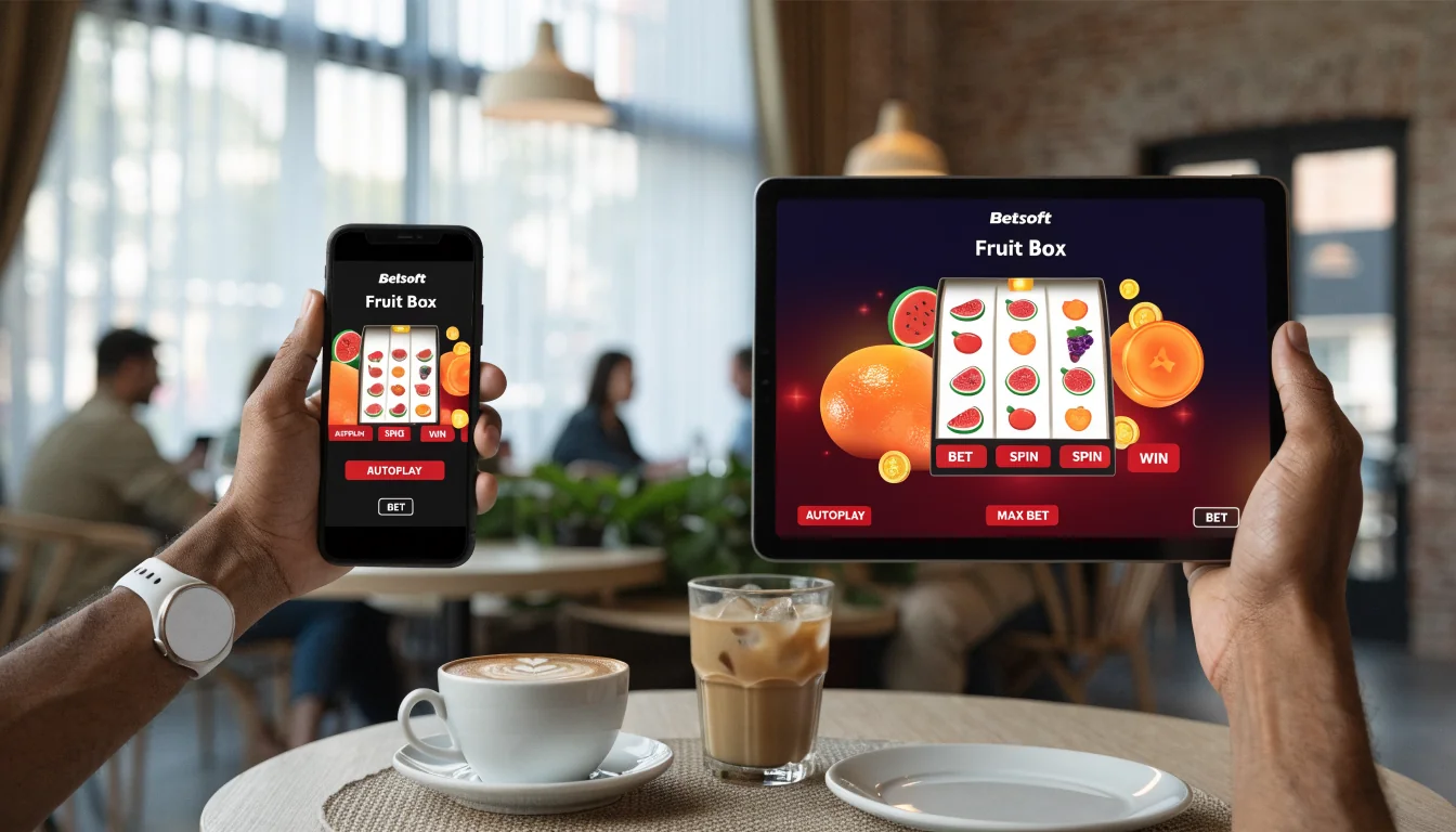 Smartphone and tablet showing the same Betsoft slot game