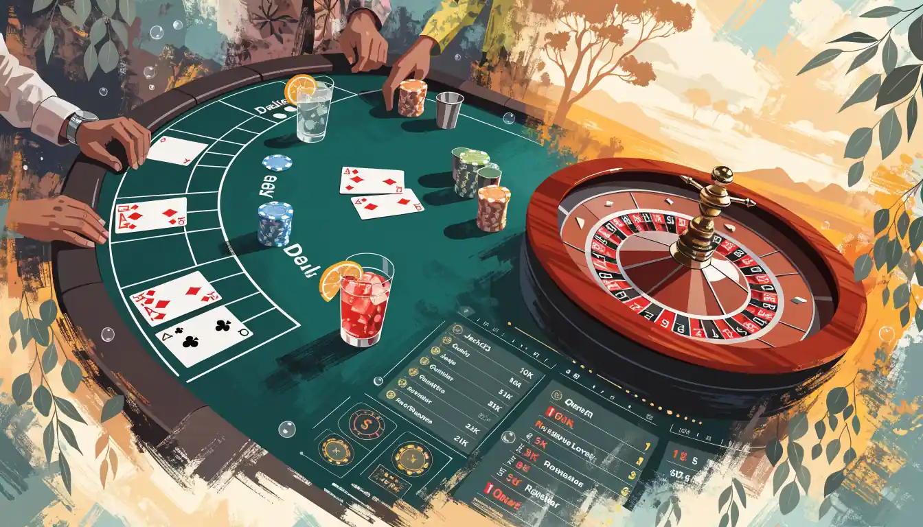 Virtual casino table with blackjack, roulette and holographic leaderboard.