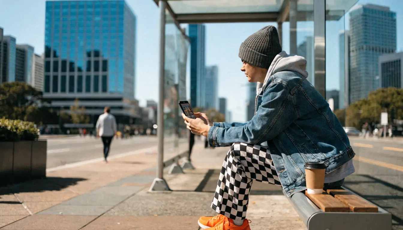 Person playing mobile slots on a phone at an Australian bus stop