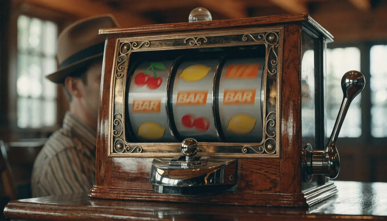 Close-up of vintage three‑reel slot machine.