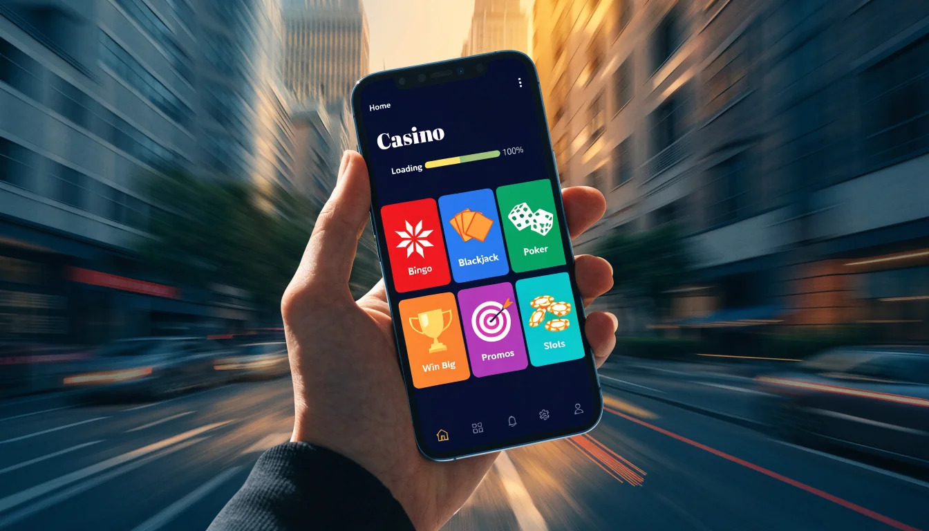 Hand holding phone with fast‑loading casino app home screen