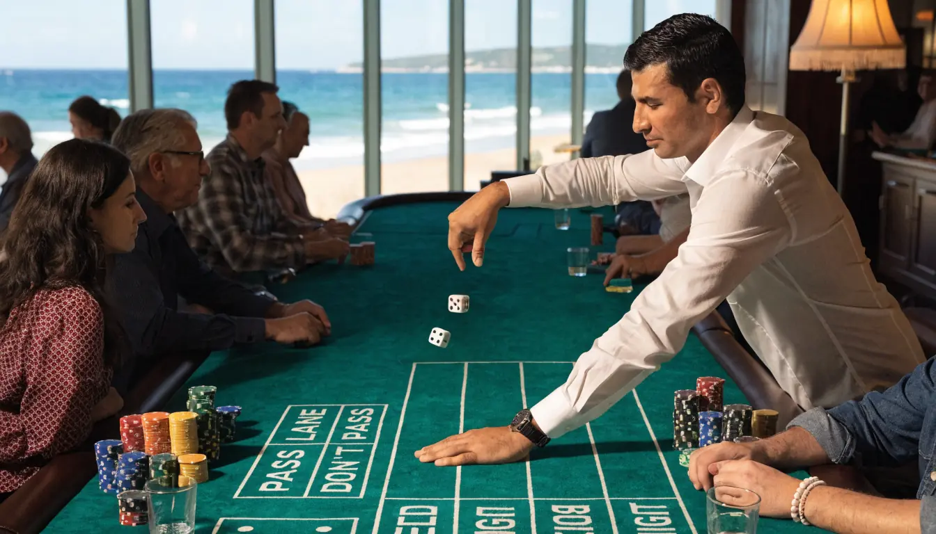 Dealer rolling dice at craps table with beach view