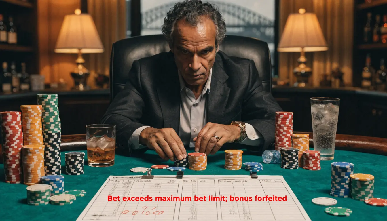 High‑roller at casino table with oversized bet warning, Sydney bridge.