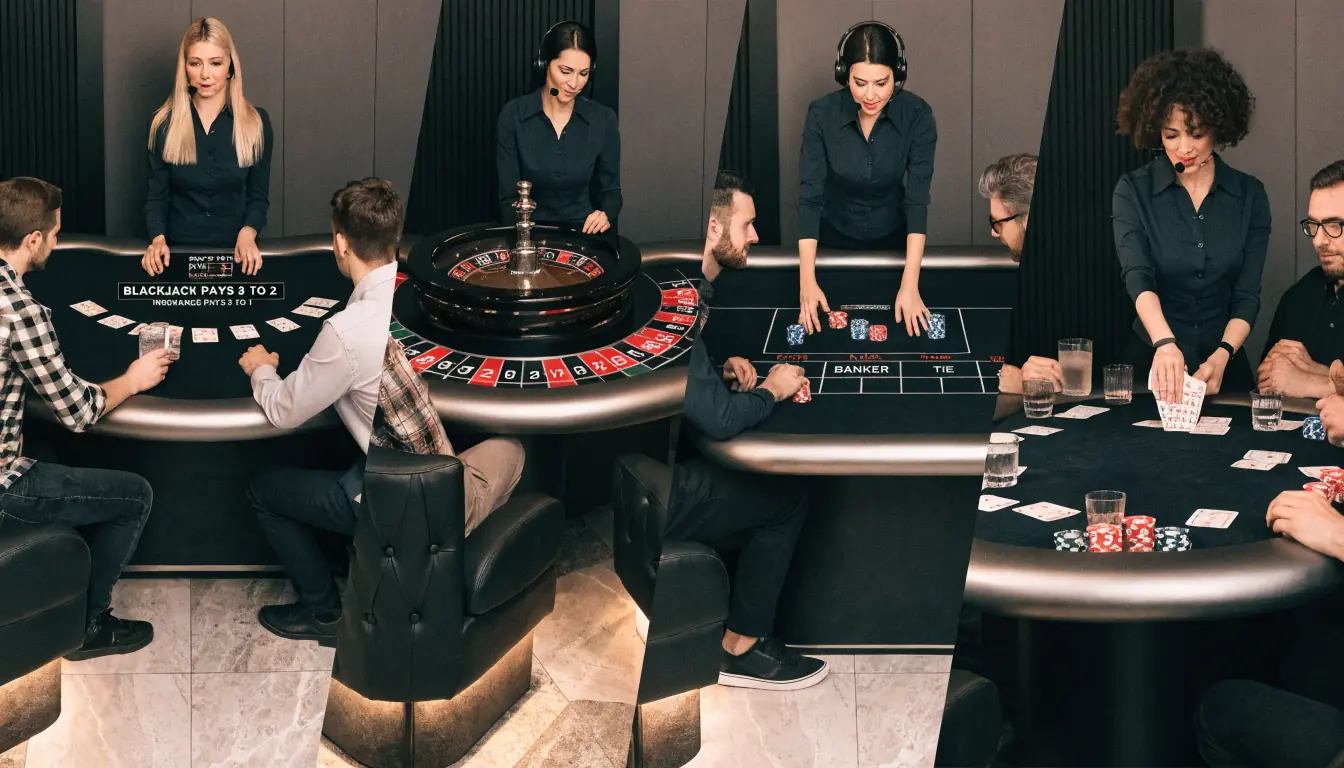 Collage of live blackjack, roulette, baccarat, poker tables