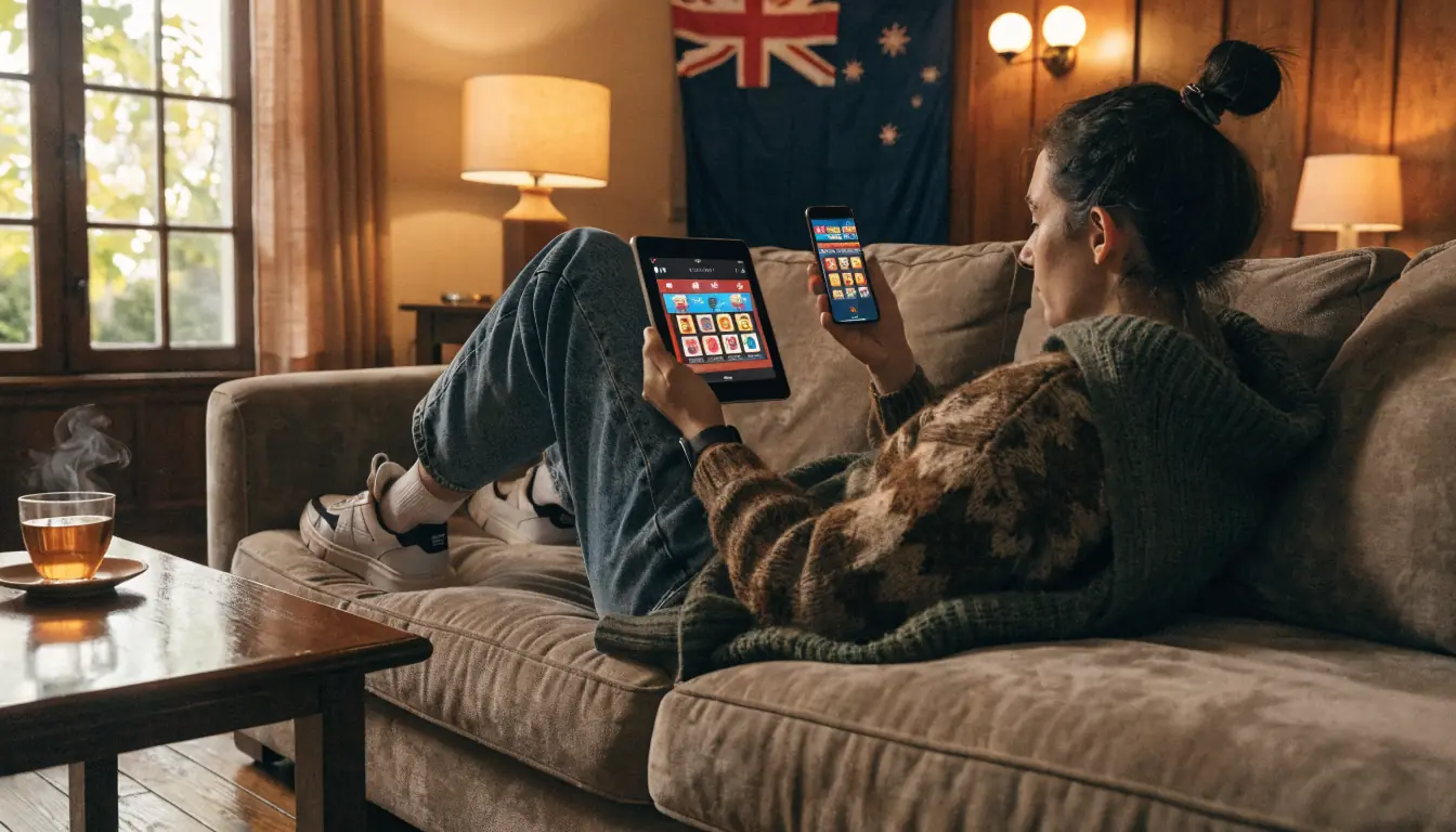 Person playing slot game on tablet and phone