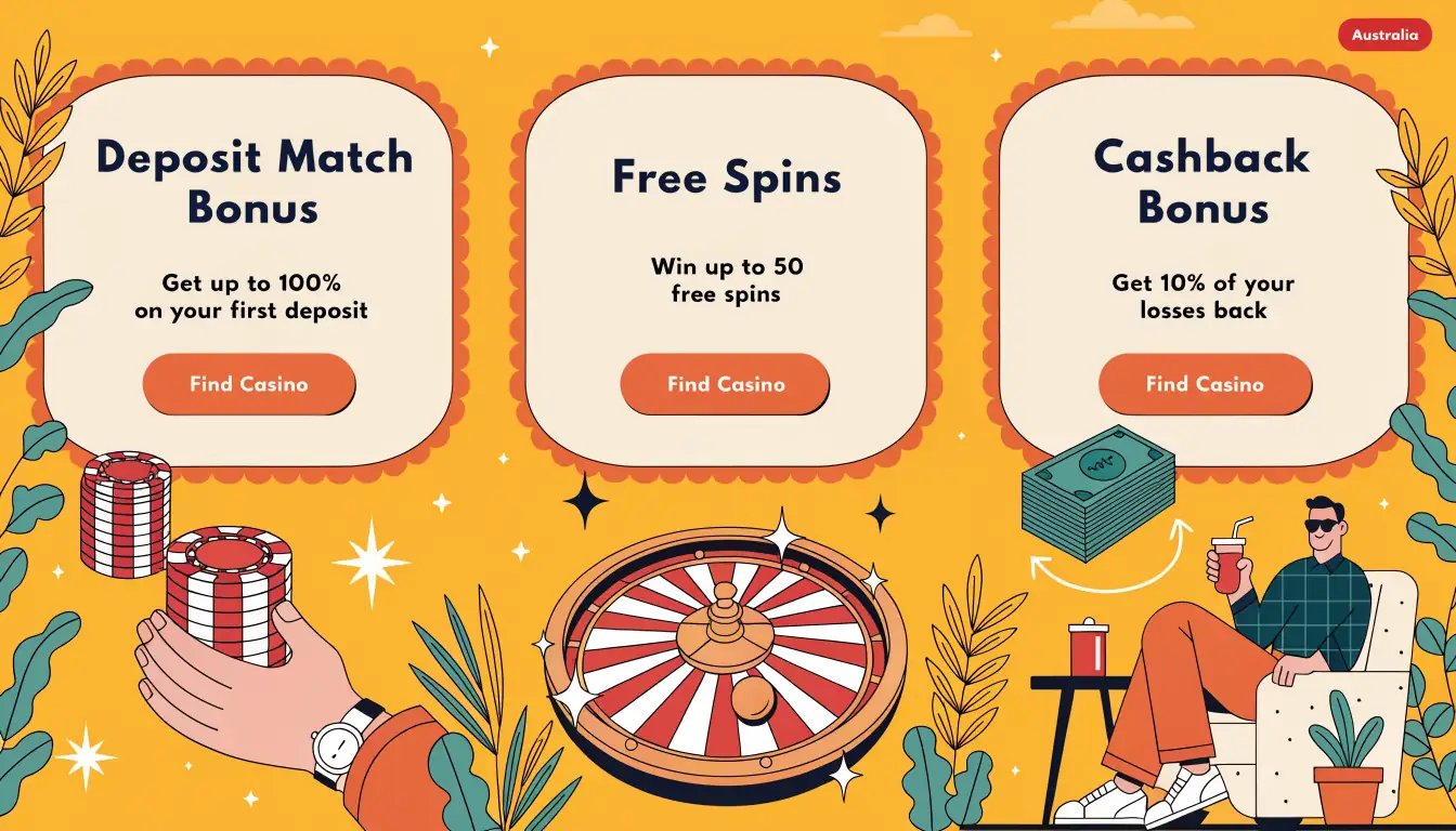 Illustration of deposit match, free spins, and cashback bonuses