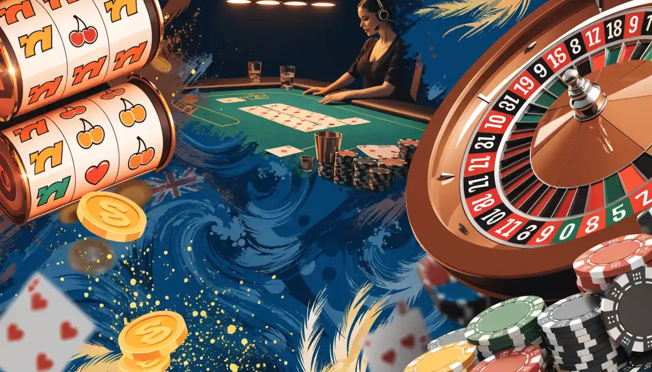 Collage of slots, live blackjack table, roulette wheel, and poker chips