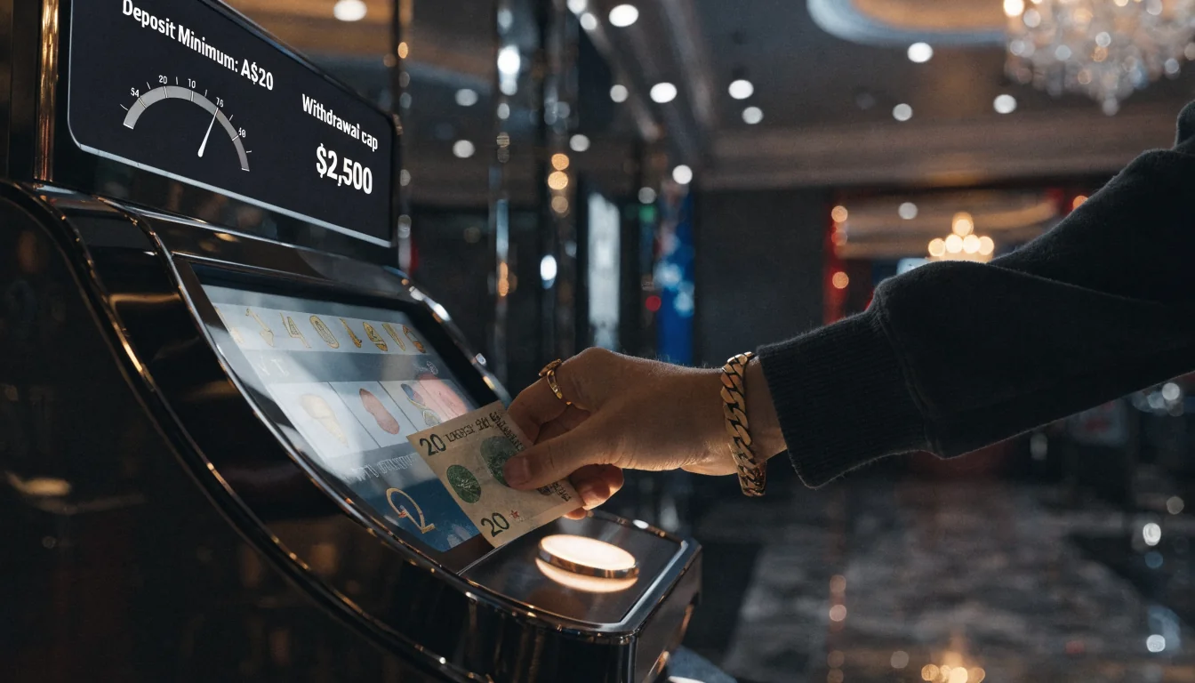 Hand inserting A$20 into slot machine, gauge shows deposit minimum and withdrawal cap