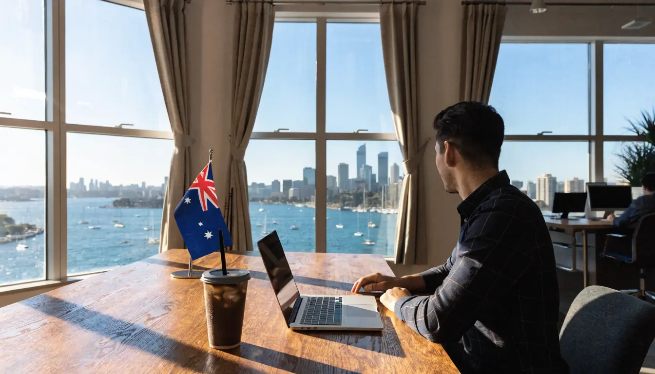 Australian office desk with laptop, coffee cup, and flag.