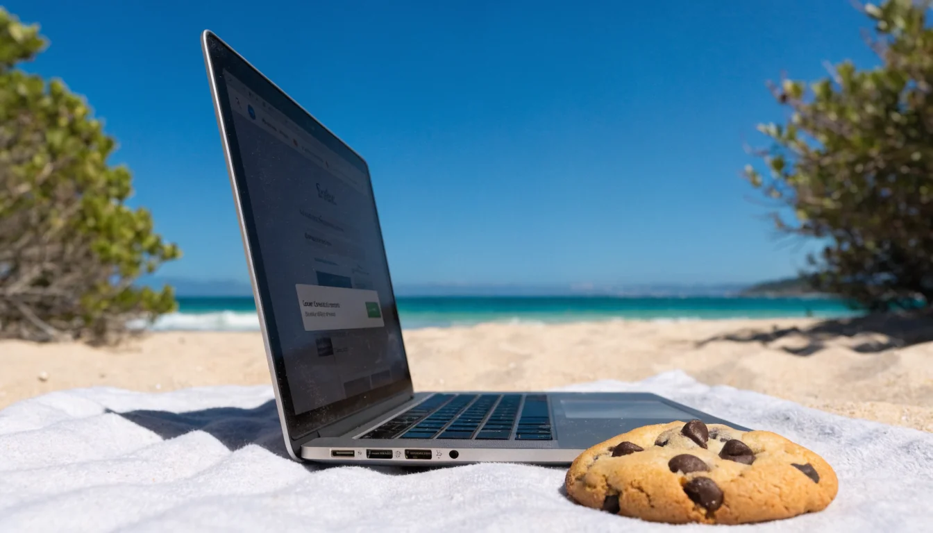 Australian beach with laptop and cookie on sand