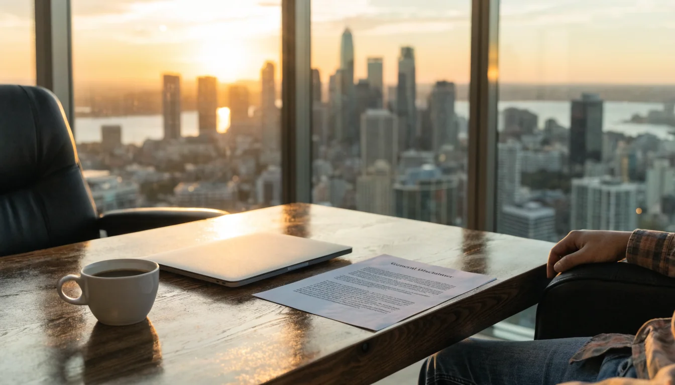 Australian office desk with disclaimer document and Sydney skyline
