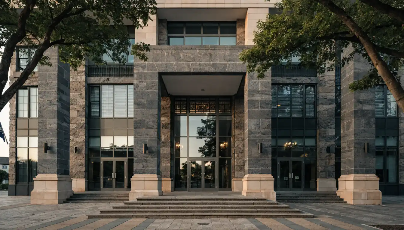 Australian courthouse facade at dusk with flag
