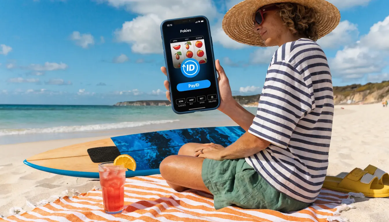 Person playing casino on phone with PayID on beach