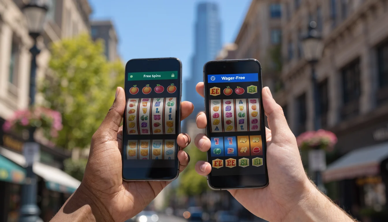 Two phones showing regular vs wager‑free free spins