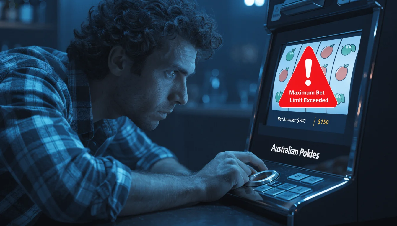 Red warning overlay on pokie showing bet limit exceeded
