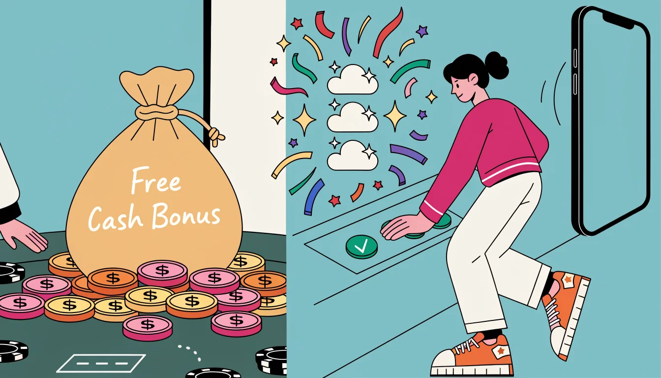 Gold coin bag and slot machine illustrating cash bonus vs free spins