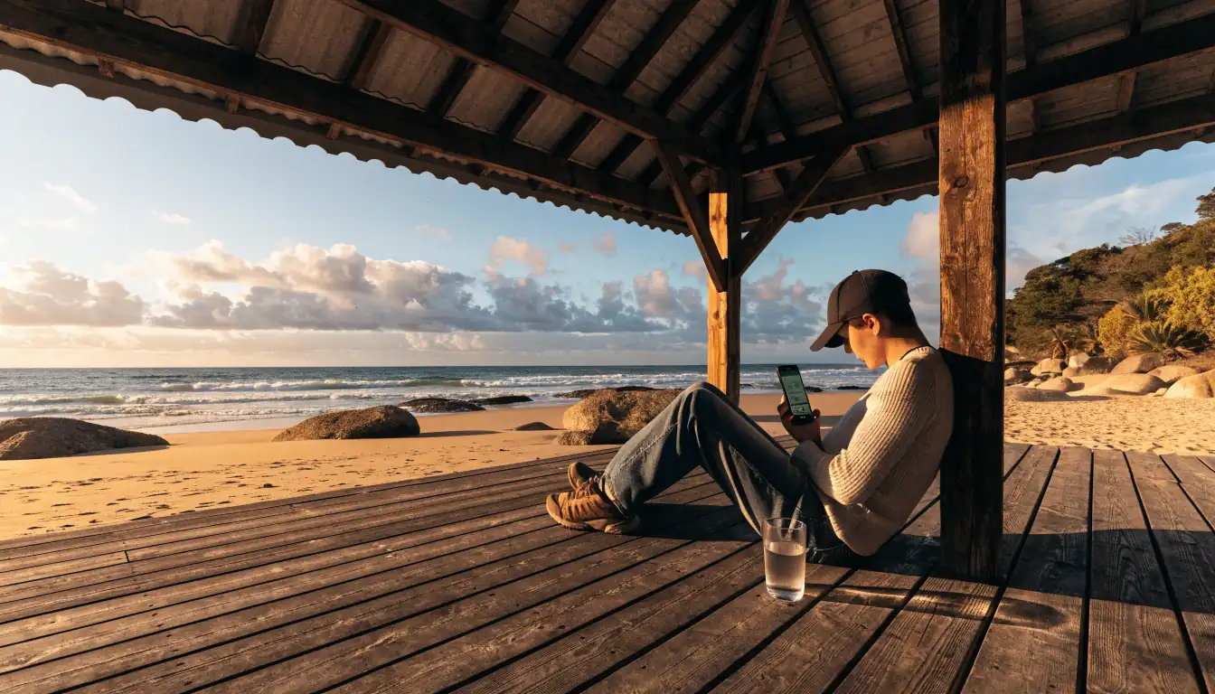 Australian beach at dusk with person using betting app