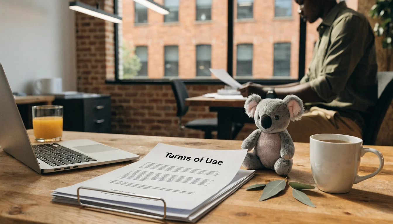 Australian office desk with Terms of Use document and koala plush